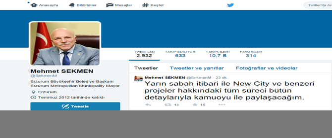 Başkan Mehmet Sekmen'den Flaş New City Tweet'i