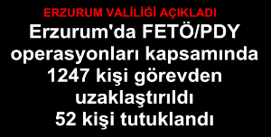 Erzurum Valiliği Basın Bildirisi...Erzurum il genelinde FETÖ/PDY operasyonları kapsamında1247 kişi görevden uzaklaştırıldı, 52 kişi tutuklandı