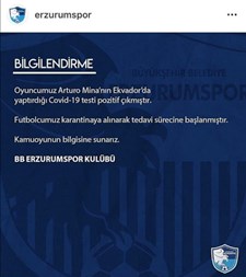 BB Erzurumspor’un yeni transferi Arturo Mina'nın koronavirüs testi pozitif çıktı