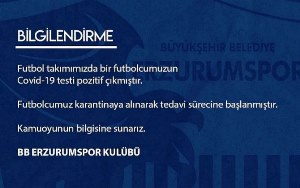 BB Erzurumspor’da bir futbolcunun daha koronavirüs testi pozitif çıktı