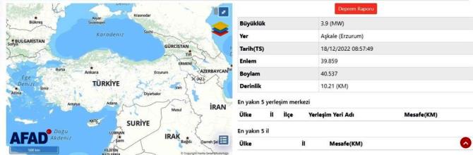 Erzurum’da 3.9 büyüklüğünde deprem