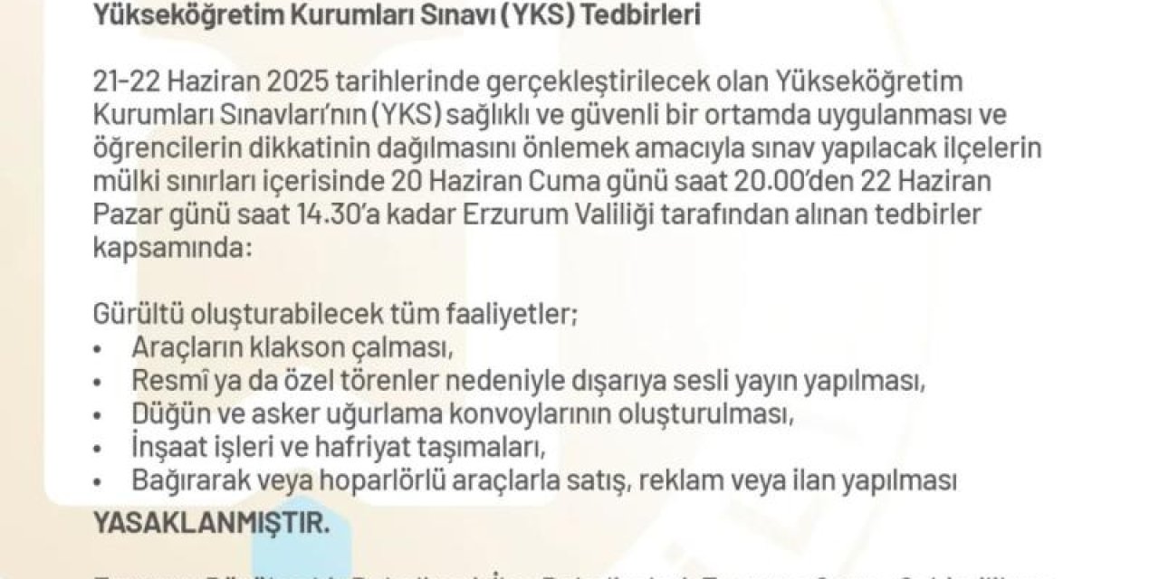 Erzurum Valiliği’nden YKS önlemleri