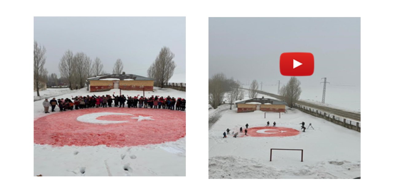 Öğrenciler kardan Türk bayrağı yaptı