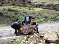 Yolu kapatan dev kayalar vatandaşlar ve jandarma tarafından temizlendi