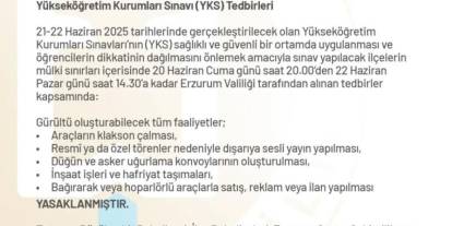 Erzurum Valiliği’nden YKS önlemleri